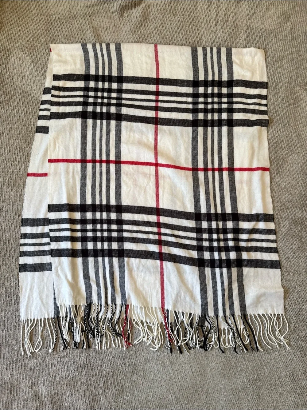Cashmere Plaid Blanket Scarf Ivory Black Red Fringe Oversized Wrap